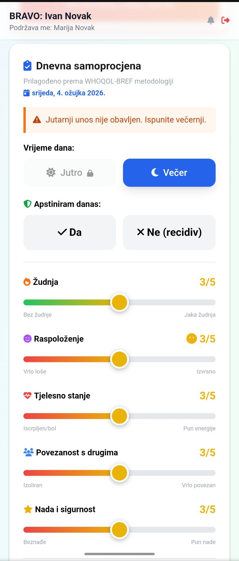 BRAVO dnevna samoprocjena s WHOQOL-BREF sliderima